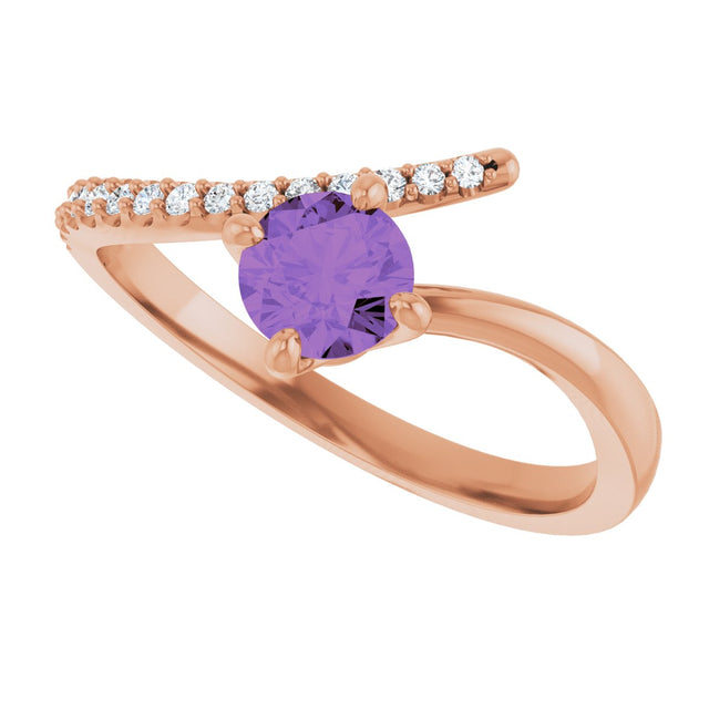 14K Gold Round Natural Amethyst Accented Bypass Ring - Rose Gold - view 10