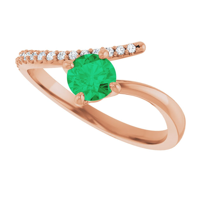 14K Gold Round Natural Emerald Accented Bypass Ring - Rose Gold - view 10