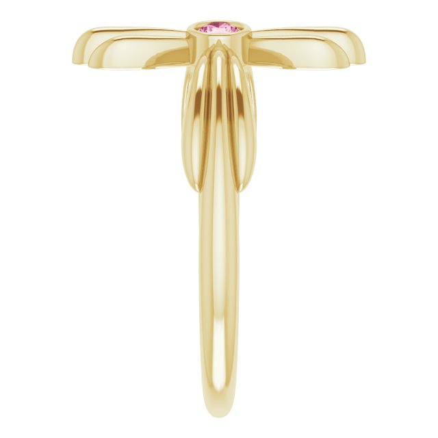 14K Gold Round Natural Pink Tourmaline Sideways Cross Ring – 2.5mm Stones - Yellow Gold - view 4