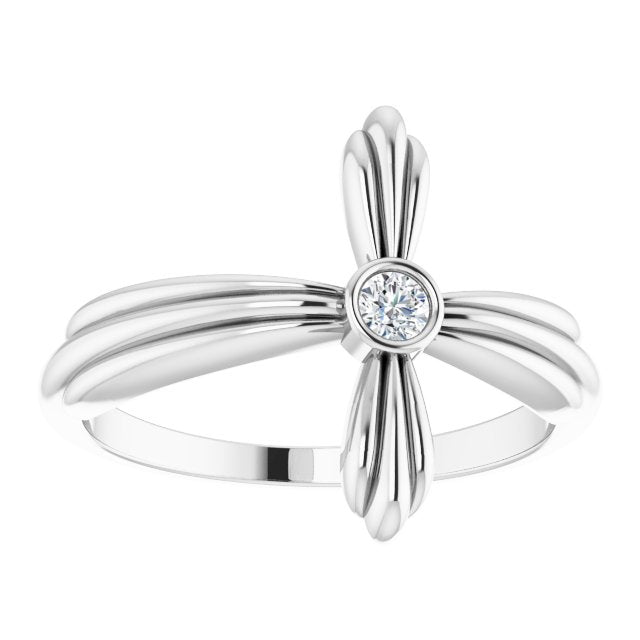 14K Gold Round Natural White Sapphire Sideways Cross Ring - White Gold - view 3