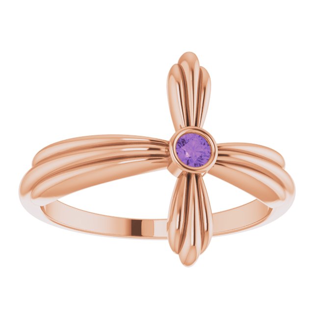 14K Gold Round Natural Amethyst Sideways Cross Ring – 2.5mm Stones - Rose Gold - view 3