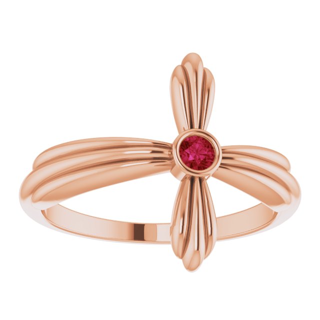 14K Gold Round Natural Ruby Sideways Cross Ring – 2.5mm Stones - Rose Gold - view 3