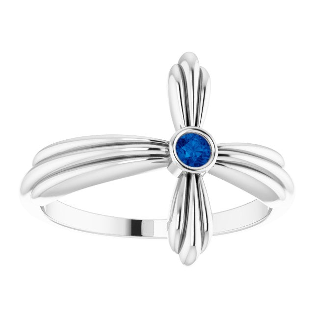 14K Gold Round Natural Blue Sapphire Sideways Cross Ring – 2.5mm Stones - White Gold - view 3