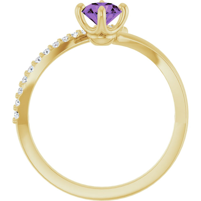 14K Gold Round Natural Amethyst Accented Bypass Ring - Yellow Gold - view 7