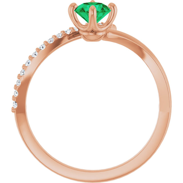 14K Gold Round Natural Emerald Accented Bypass Ring - Rose Gold - view 7