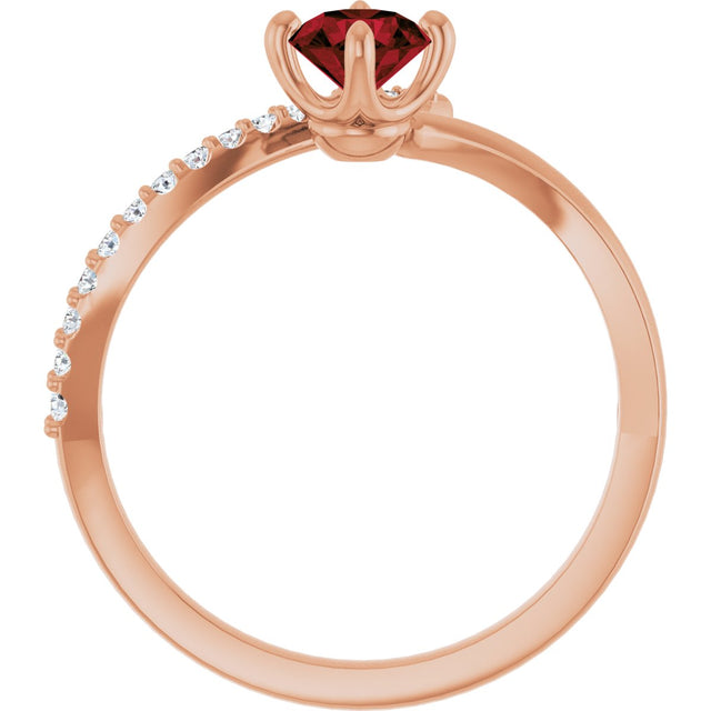 14K Gold Round Natural Mozambique Garnet Accented Bypass Ring - Rose Gold - view 7