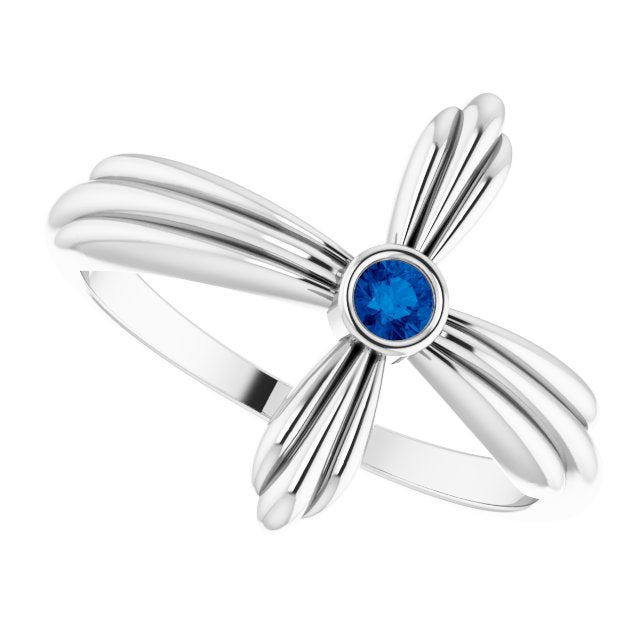 14K Gold Round Natural Blue Sapphire Sideways Cross Ring – 2.5mm Stones - White Gold - view 5