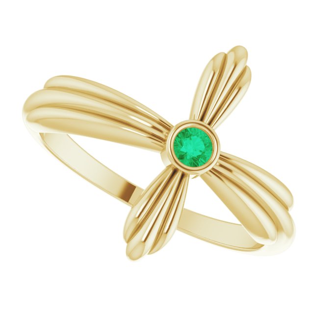 14K Gold Round Natural Emerald Sideways Cross Ring – 2.5mm Stones - Yellow Gold - view 5