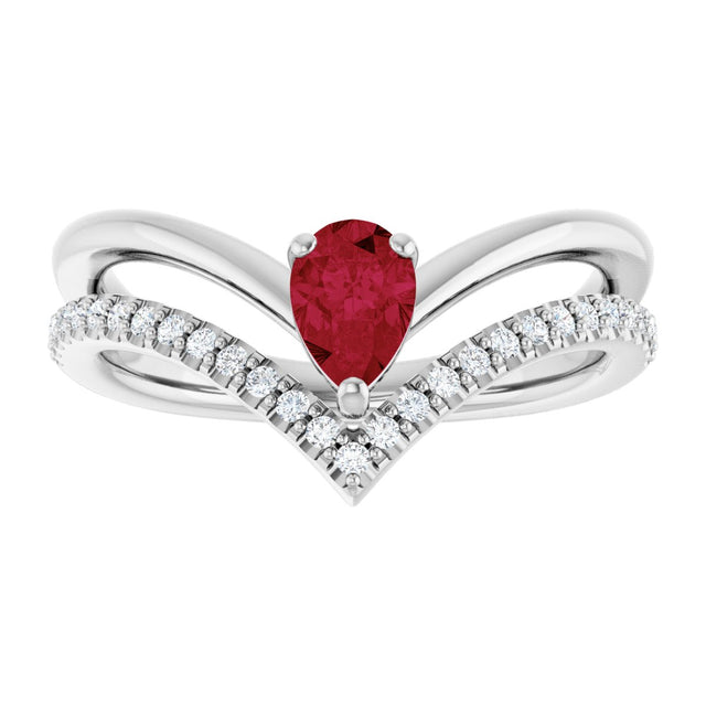 Platinum Pear Natural Ruby & Natural Diamond Negative Space V Ring - view 3
