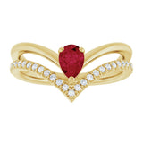 14K Gold Pear Lab-Grown Ruby & Natural Diamond Negative Space V Ring - Yellow Gold - view 3