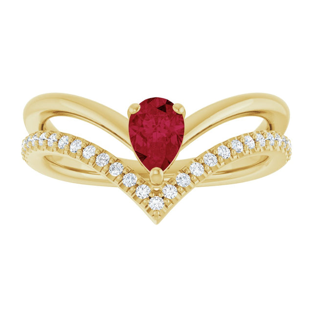 14K Gold Pear Lab-Grown Ruby & Natural Diamond Negative Space V Ring - Yellow Gold - view 3