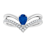 14K Gold Pear Natural Blue Sapphire & Natural Diamond Negative Space V Ring - White Gold - view 3