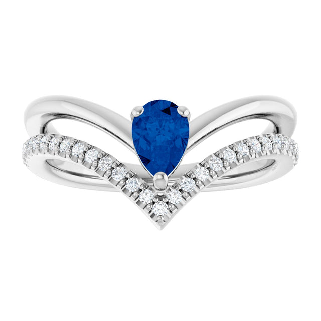 14K Gold Pear Natural Blue Sapphire & Natural Diamond Negative Space V Ring - White Gold - view 3