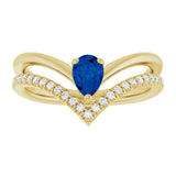 14K Gold Pear Lab-Grown Blue Sapphire & Natural Diamond Negative Space V Ring – 6x4mm - Yellow Gold - view 3