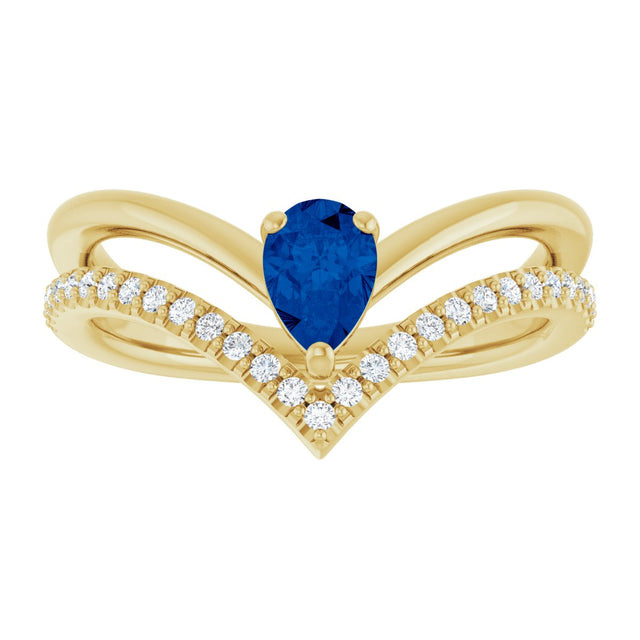 14K Gold Pear Lab-Grown Blue Sapphire & Natural Diamond Negative Space V Ring – 6x4mm - Yellow Gold - view 3