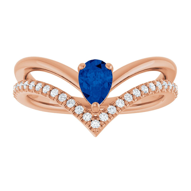 14K Gold Pear Lab-Grown Blue Sapphire & Natural Diamond Negative Space V Ring – 6x4mm - Rose Gold - view 3