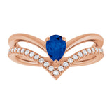 14K Gold Pear Natural Blue Sapphire & Natural Diamond Negative Space V Ring - Rose Gold - view 3