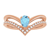 14K Gold Pear Natural Aquamarine & Natural Diamond Negative Space V Ring - Rose Gold - view 3
