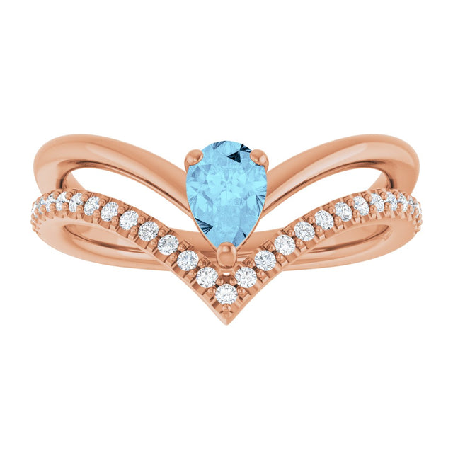 14K Gold Pear Natural Aquamarine & Natural Diamond Negative Space V Ring - Rose Gold - view 3