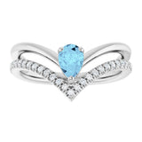 Platinum Pear Natural Aquamarine & Natural Diamond Negative Space V Ring - view 3