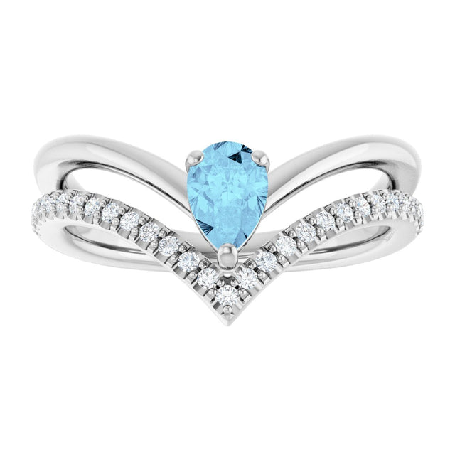 14K Gold Pear Natural Aquamarine & Natural Diamond Negative Space V Ring - White Gold - view 3