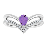 14K Gold Pear Natural Amethyst & Natural Diamond Negative Space V Ring - White Gold - view 3