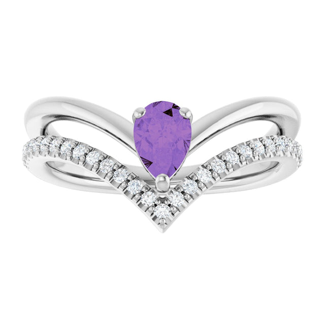 Platinum Pear Natural Amethyst & Natural Diamond Negative Space V Ring - view 3