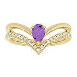 14K Gold Pear Natural Amethyst & Natural Diamond Negative Space V Ring - Yellow Gold - view 3