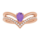 14K Gold Pear Natural Amethyst & Natural Diamond Negative Space V Ring - Rose Gold - view 3