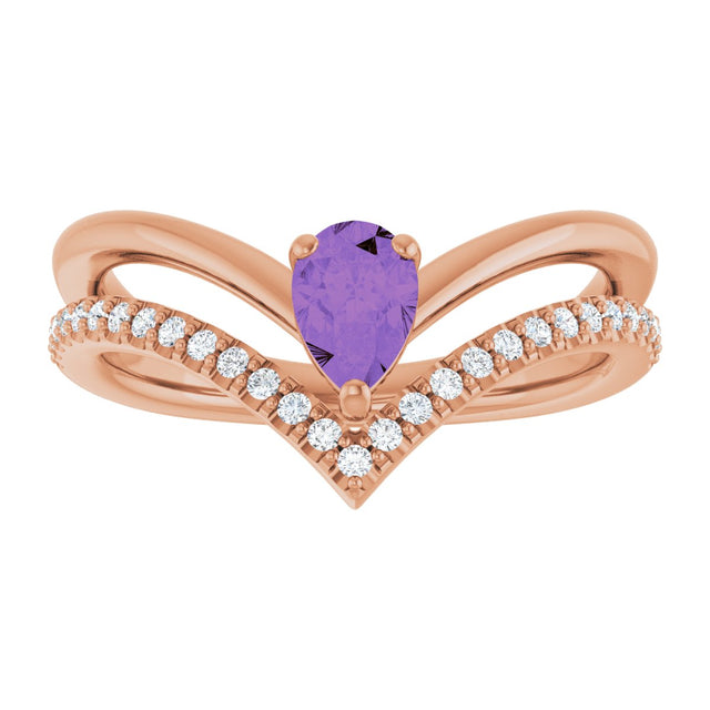 14K Gold Pear Natural Amethyst & Natural Diamond Negative Space V Ring - Rose Gold - view 3