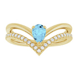 14K Gold Pear Natural Aquamarine & Natural Diamond Negative Space V Ring - Yellow Gold - view 3