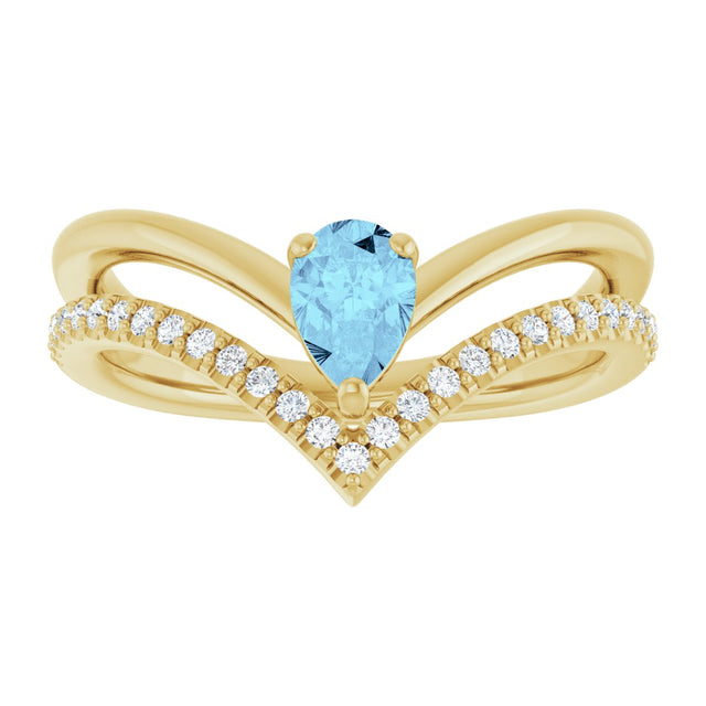 14K Gold Pear Natural Aquamarine & Natural Diamond Negative Space V Ring - Yellow Gold - view 3
