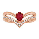 14K Gold Pear Lab-Grown Ruby & Natural Diamond Negative Space V Ring - Rose Gold - view 3