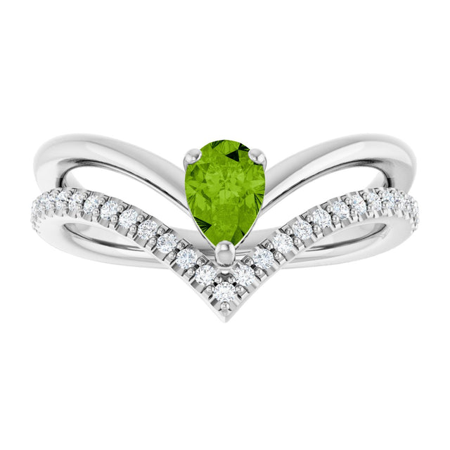 14K Gold Pear Natural Peridot & Natural Diamond Negative Space V Ring - White Gold - view 3