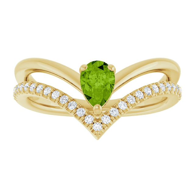 14K Gold Pear Natural Peridot & Natural Diamond Negative Space V Ring - Yellow Gold - view 3