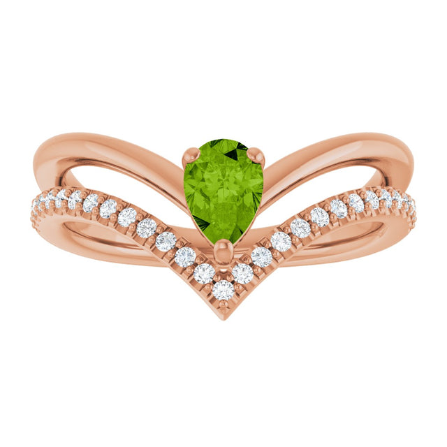 14K Gold Pear Natural Peridot & Natural Diamond Negative Space V Ring - Rose Gold - view 3