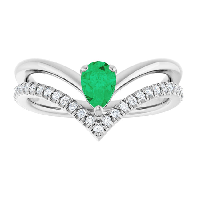 Platinum Pear Natural Emerald & Natural Diamond Negative Space V Ring - view 3
