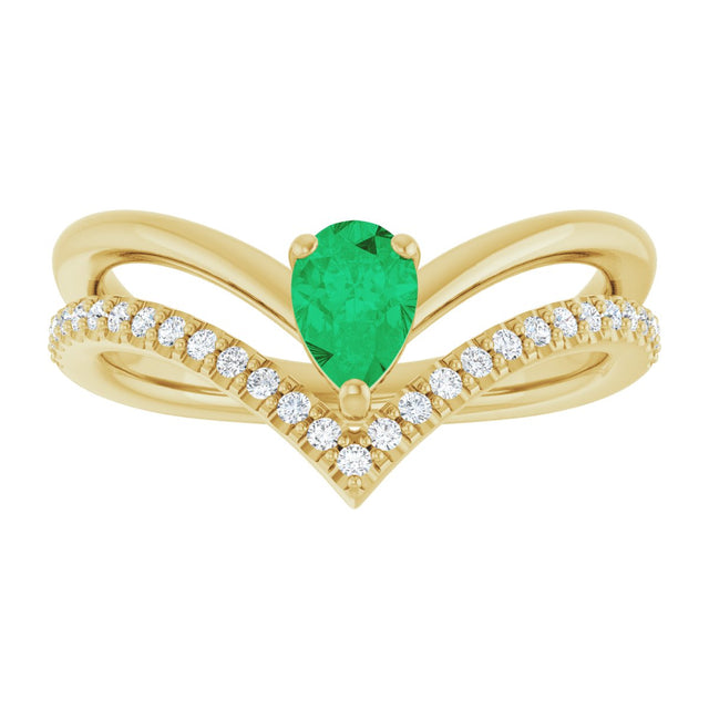 14K Gold Pear Natural Emerald & Natural Diamond Negative Space V Ring - Yellow Gold - view 3