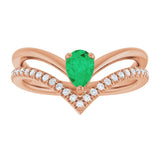 14K Gold Pear Natural Emerald & Natural Diamond Negative Space V Ring - Rose Gold - view 3