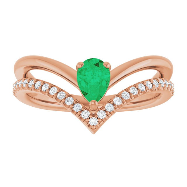 14K Gold Pear Natural Emerald & Natural Diamond Negative Space V Ring - Rose Gold - view 3