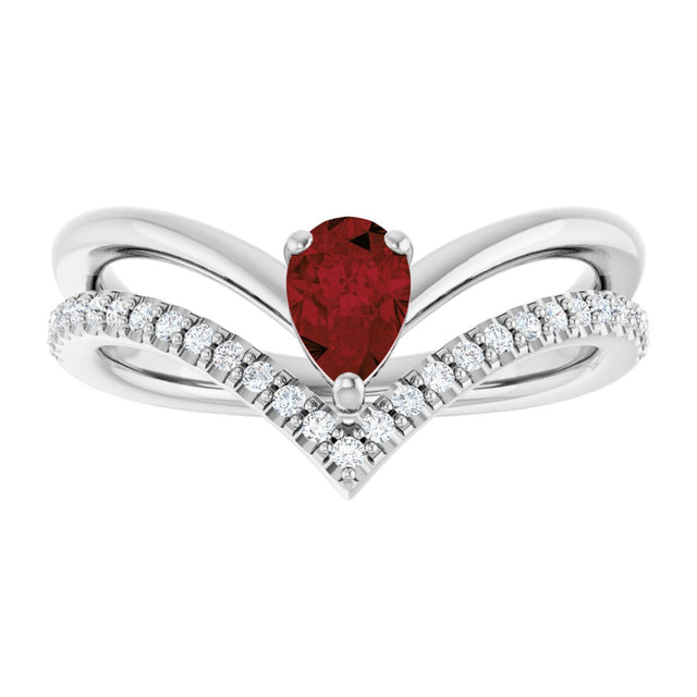 14K Gold Pear Natural Mozambique Garnet & Natural Diamond Negative Space V Ring - White Gold - view 3