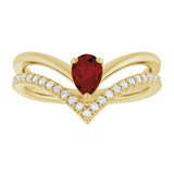 14K Gold Pear Natural Mozambique Garnet & Natural Diamond Negative Space V Ring - Yellow Gold - view 3