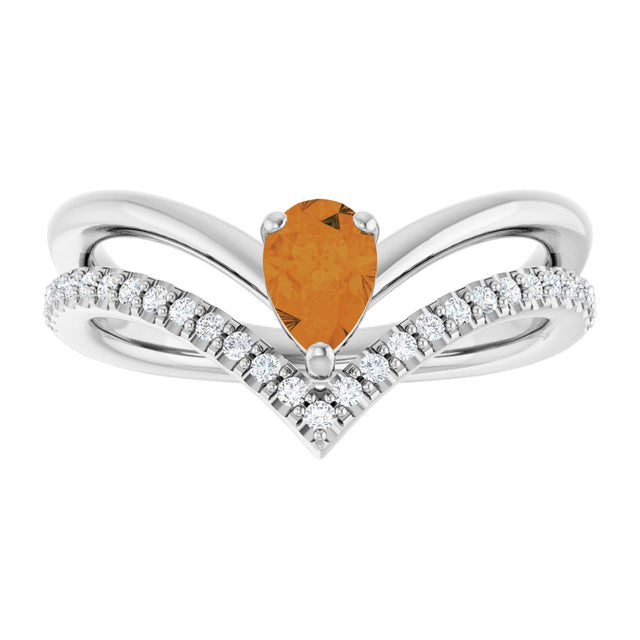 Platinum Pear Natural Citrine & Natural Diamond Negative Space V Ring - view 3