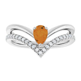 14K Gold Pear Natural Citrine & Natural Diamond Negative Space V Ring - White Gold - view 3