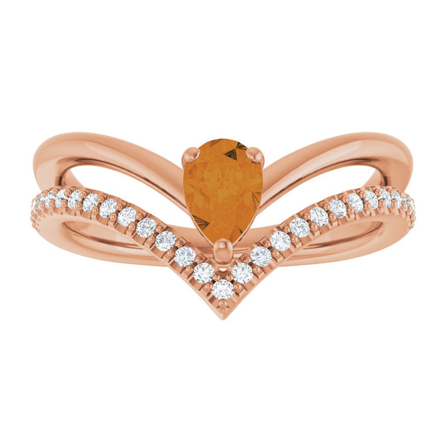 14K Gold Pear Natural Citrine & Natural Diamond Negative Space V Ring - Rose Gold - view 3