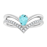 14K Gold Pear Natural Blue Zircon & Natural Diamond Negative Space V Ring - White Gold - view 3