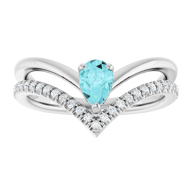 14K Gold Pear Natural Blue Zircon & Natural Diamond Negative Space V Ring - White Gold - view 3