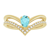 14K Gold Pear Natural Blue Zircon & Natural Diamond Negative Space V Ring - Yellow Gold - view 3