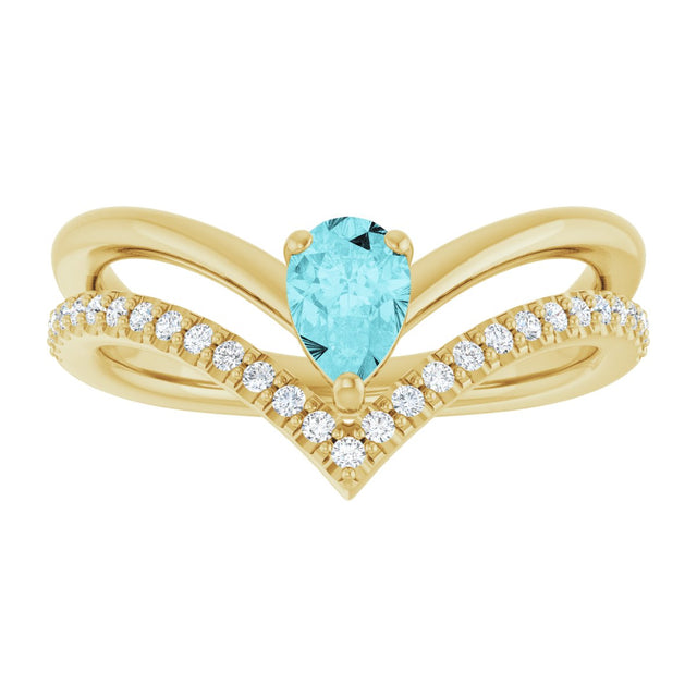 14K Gold Pear Natural Blue Zircon & Natural Diamond Negative Space V Ring - Yellow Gold - view 3