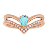 14K Gold Pear Natural Blue Zircon & Natural Diamond Negative Space V Ring - Rose Gold - view 3